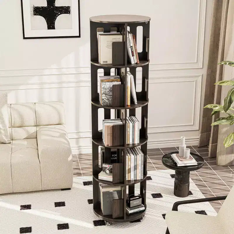 Libreria a torre rotante a 360° da 45 cm, libreria angolare girevole noce scuro Mid-Century