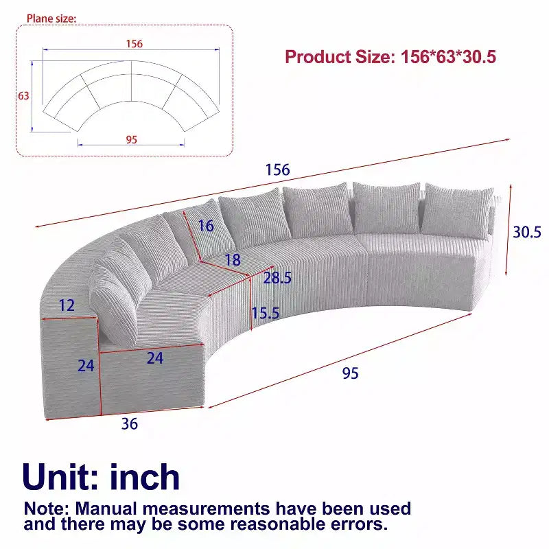Divano componibile curvilineo in velluto a coste con 8 cuscini, Divano semicircolare modulare curvo simmetrico (quattro moduli)