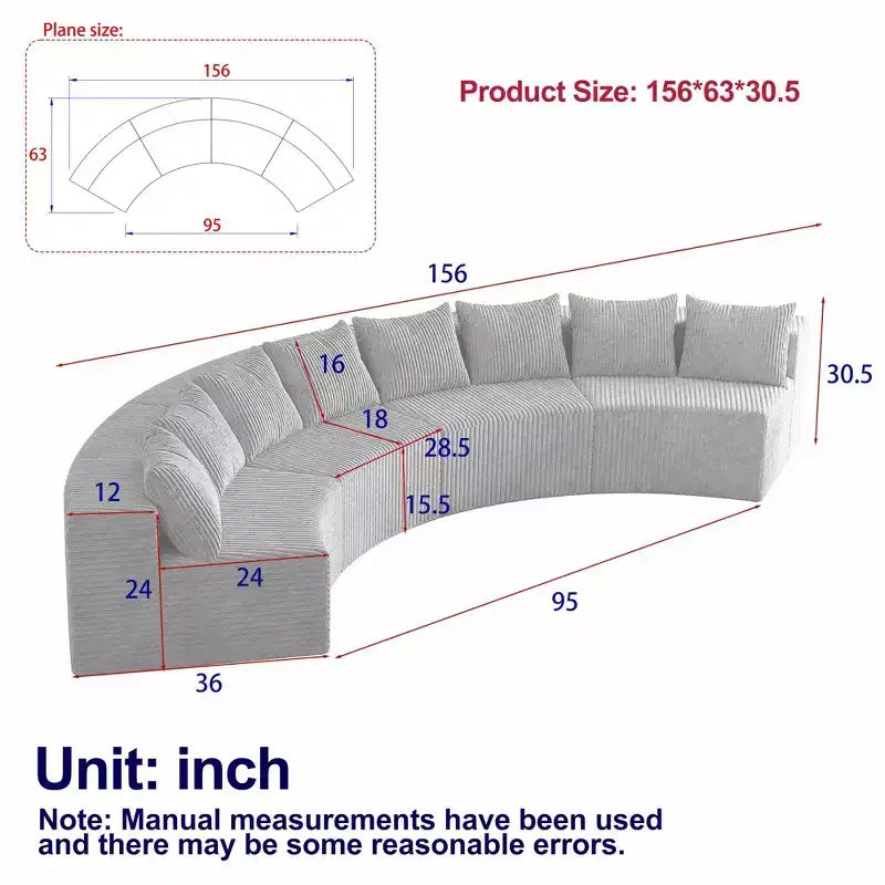 Divano componibile curvilineo in velluto a coste con 8 cuscini, Divano semicircolare modulare curvo simmetrico (quattro moduli)