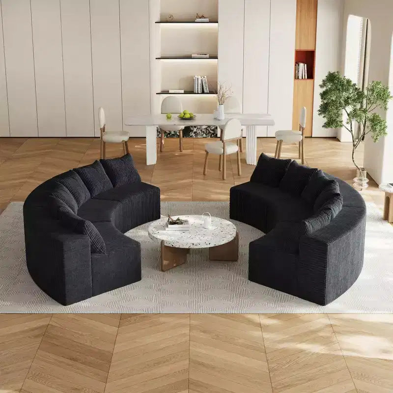 Divano componibile curvilineo in velluto a coste con 8 cuscini, Divano semicircolare modulare curvo simmetrico (quattro moduli)