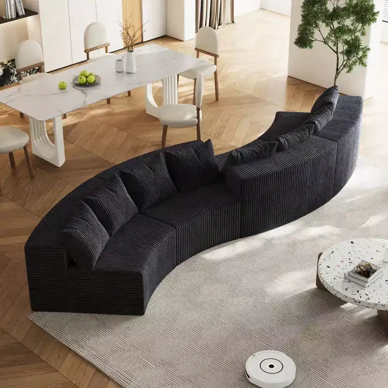Divano componibile curvilineo in velluto a coste con 8 cuscini, Divano semicircolare modulare curvo simmetrico (quattro moduli)