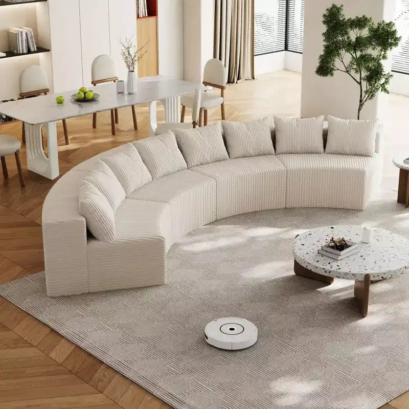 Divano componibile curvilineo in velluto a coste con 8 cuscini, Divano semicircolare modulare curvo simmetrico (quattro moduli)