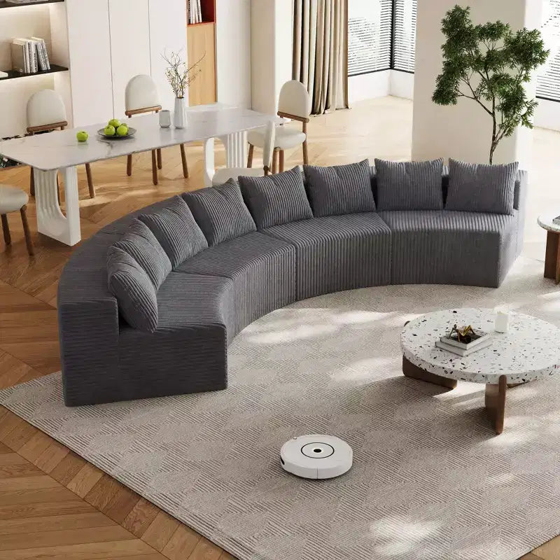 Divano componibile curvilineo in velluto a coste con 8 cuscini, Divano semicircolare modulare curvo simmetrico (quattro moduli)