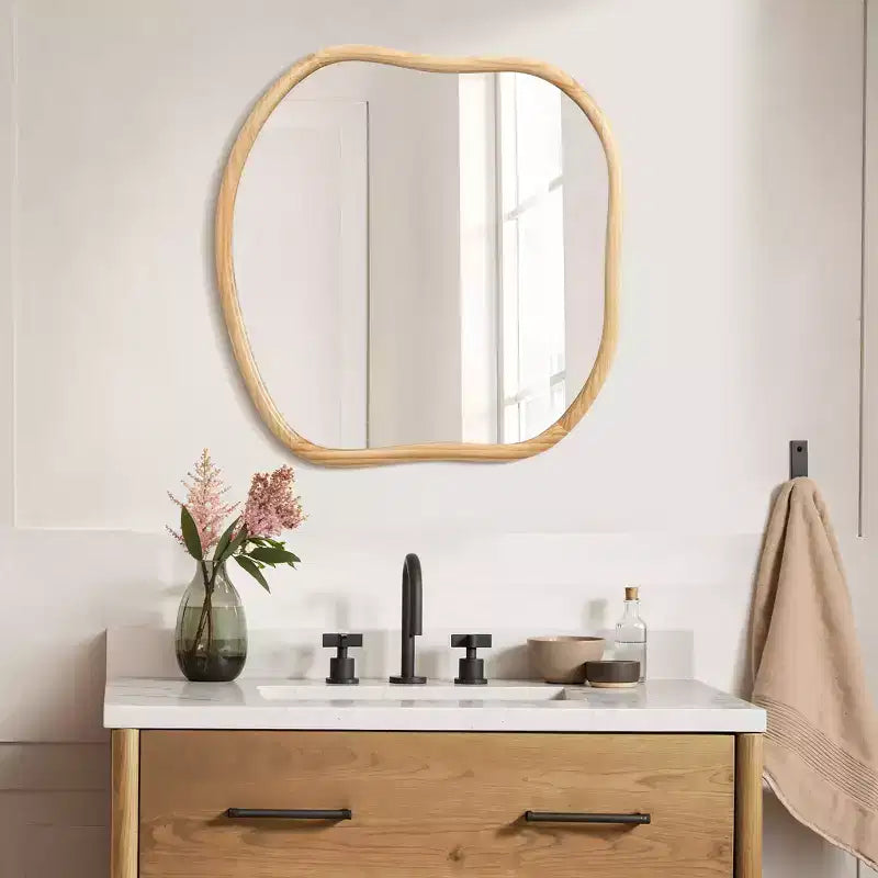 Specchio da parete irregolare quadrato con cornice in legno di pino naturale, decorativo e da trucco, marrone