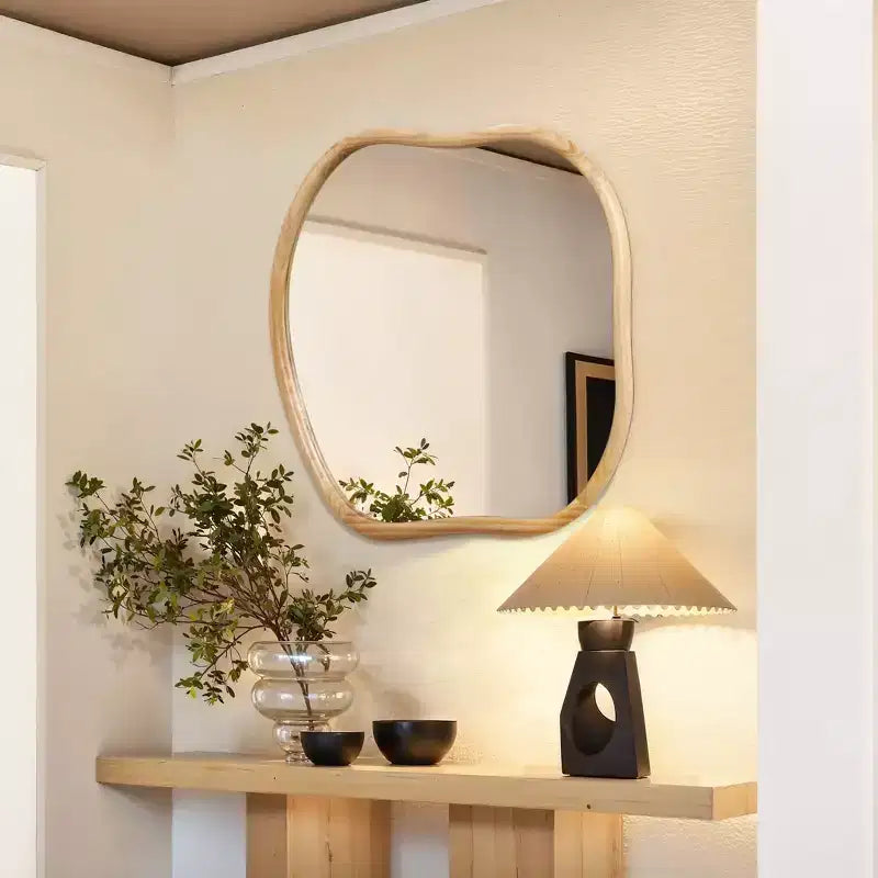 Specchio da parete irregolare quadrato con cornice in legno di pino naturale, decorativo e da trucco, marrone
