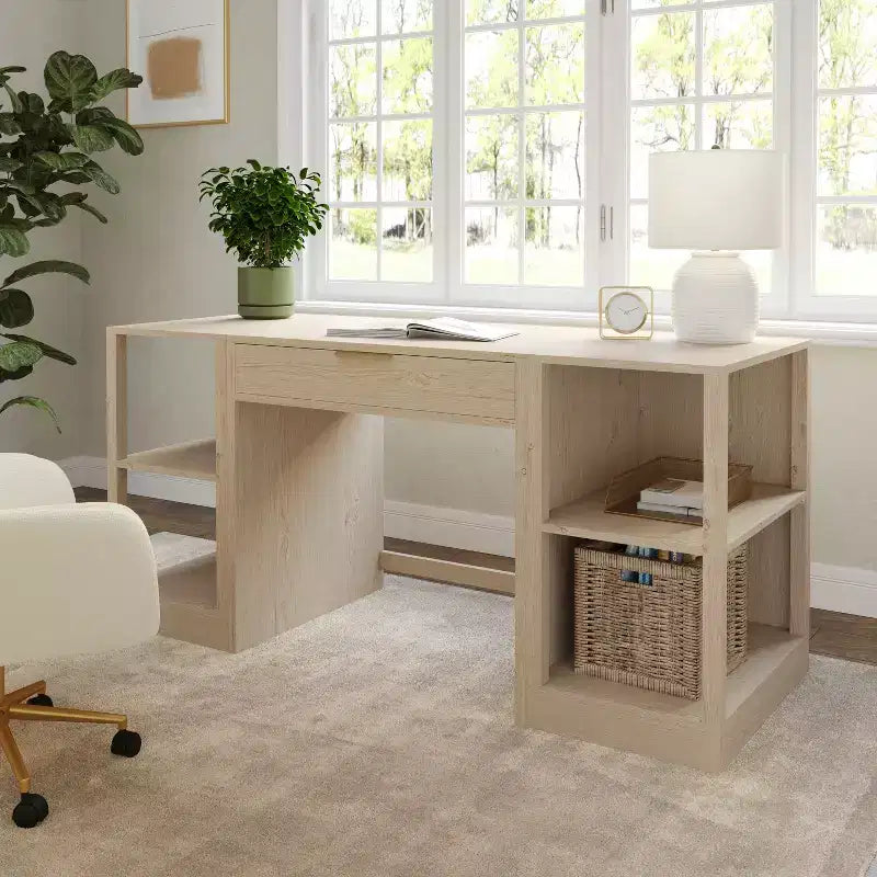 Scrivania Modulare per Ufficio Domestico con Cassetto Singolo e Doppie Scaffalature a 2 Ripiani, Workstation Moderna