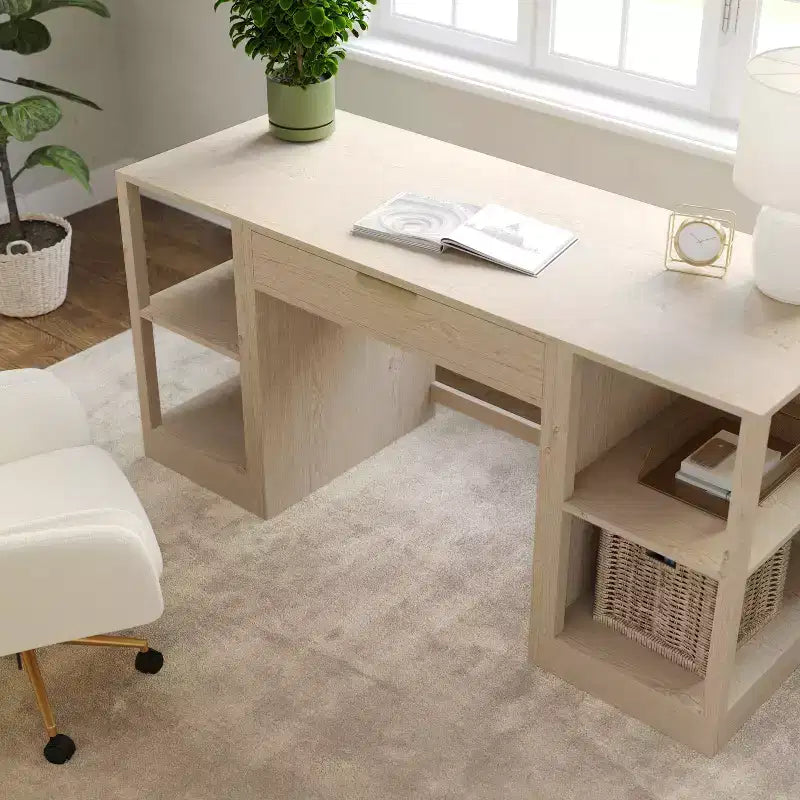 Scrivania Modulare per Ufficio Domestico con Cassetto Singolo e Doppie Scaffalature a 2 Ripiani, Workstation Moderna