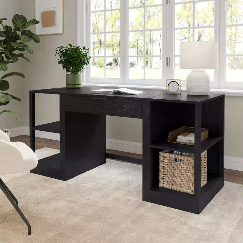 Scrivania Modulare per Ufficio Domestico con Cassetto Singolo e Doppie Scaffalature a 2 Ripiani, Workstation Moderna