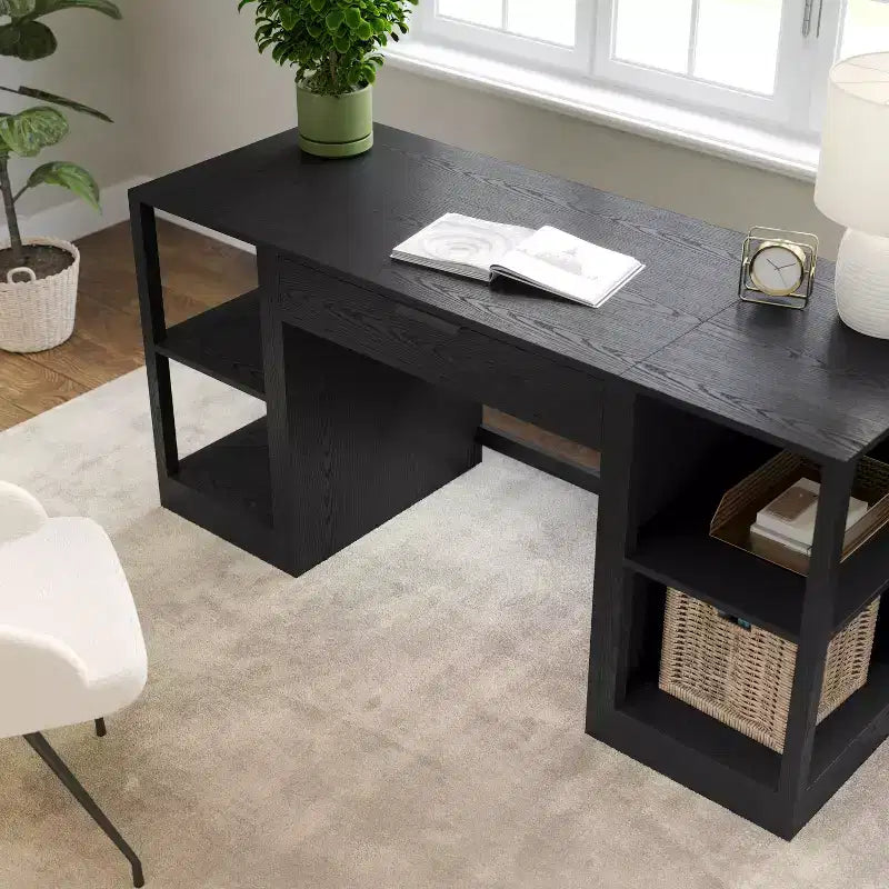 Scrivania Modulare per Ufficio Domestico con Cassetto Singolo e Doppie Scaffalature a 2 Ripiani, Workstation Moderna