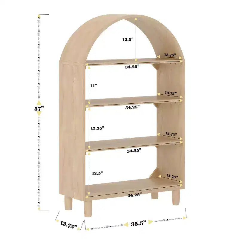 Libreria aperta in legno con parte superiore arrotondata, 4 ripiani e gambe cilindriche, soggiorno moderno