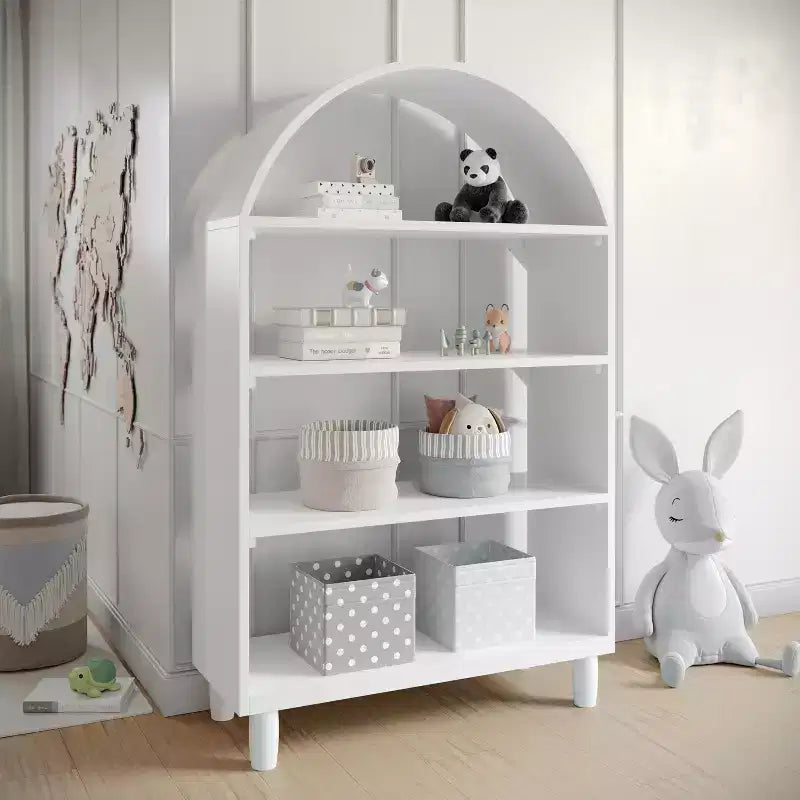 Buzz & Bloom Wood Open Bookshelf with Covered Rounded Top, 4 Shelves, and Cylindrical Legs