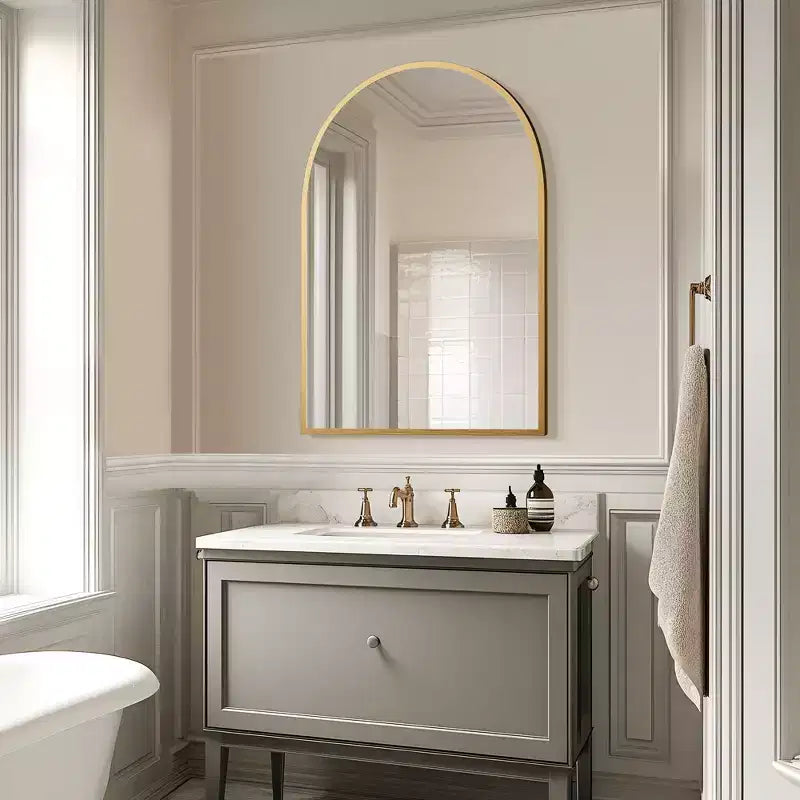 Specchio sospeso dorato con bordo sottile in lega di alluminio, forma ad arco ad angolo retto, 91*61*1,5 cm (installazione a doppia faccia)