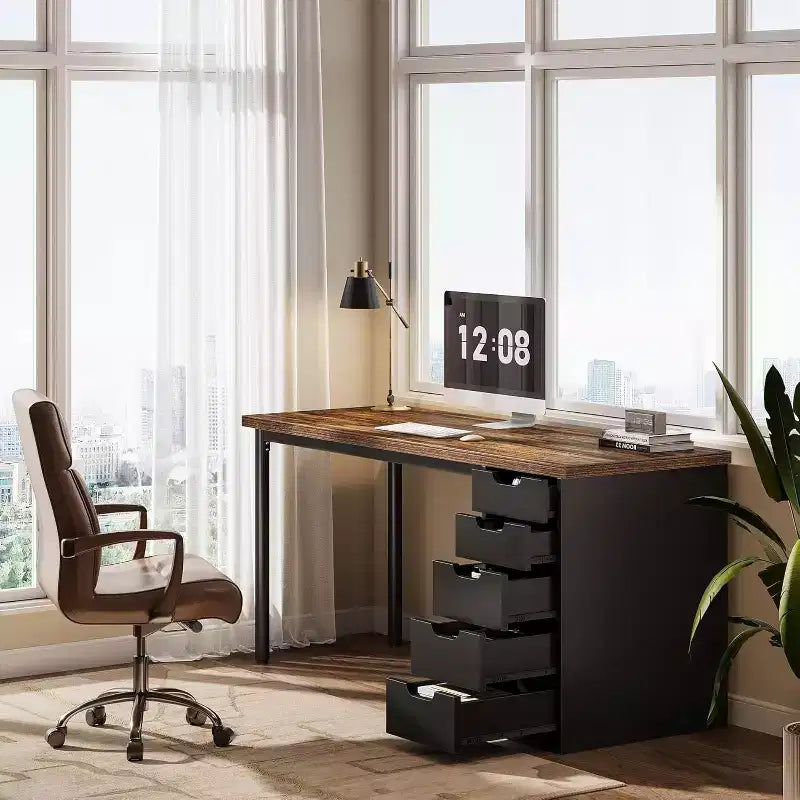 Scrivania moderna da 47" con 5 cassetti reversibili, tavolo da studio/scrittura, marrone e nero