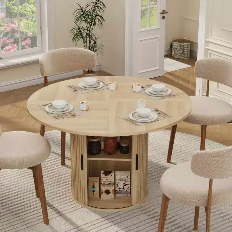 Tavolo da pranzo rotondo da 47 pollici per 4 persone, ripiano portaoggetti a 2 livelli e porta scorrevole in legno, tavolo da pranzo per casa, sala da pranzo e soggiorno