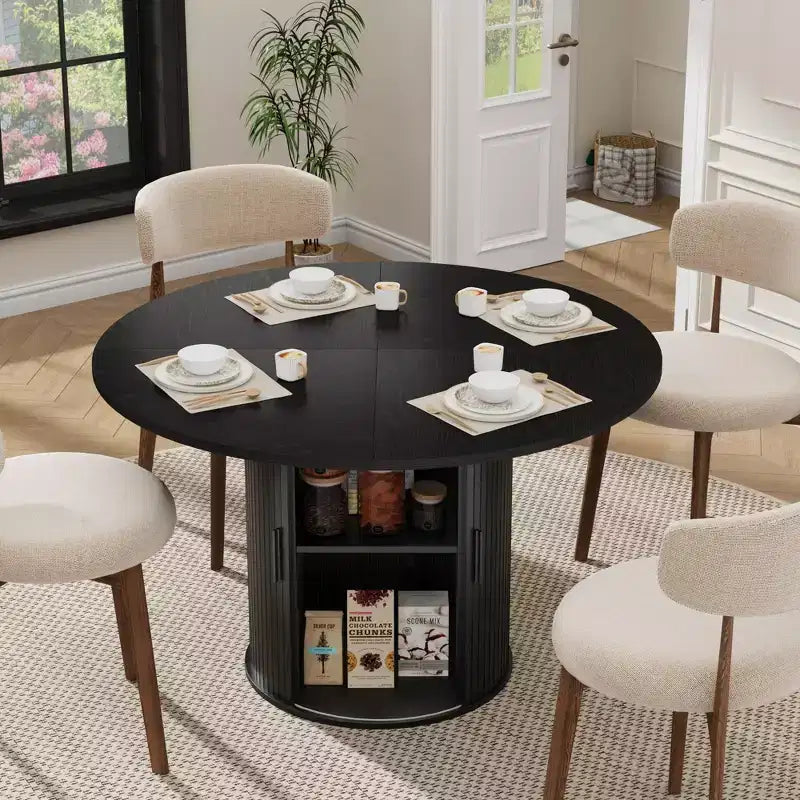Tavolo da pranzo rotondo da 47 pollici per 4 persone, ripiano portaoggetti a 2 livelli e porta scorrevole in legno, tavolo da pranzo per casa, sala da pranzo e soggiorno
