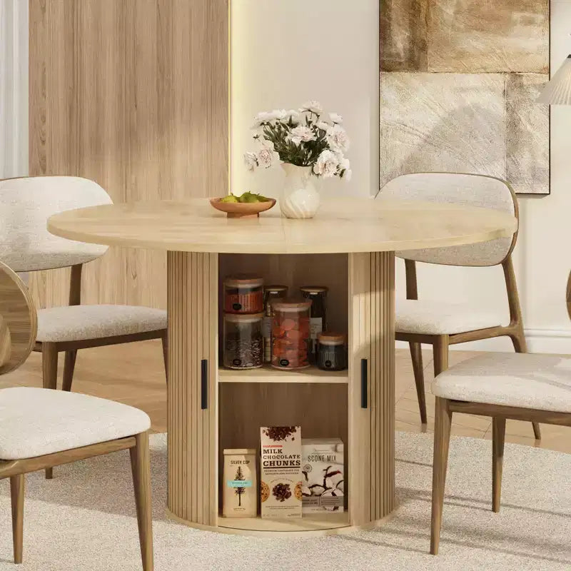 Tavolo da pranzo rotondo da 47 pollici per 4 persone, ripiano portaoggetti a 2 livelli e porta scorrevole in legno, tavolo da pranzo per casa, sala da pranzo e soggiorno