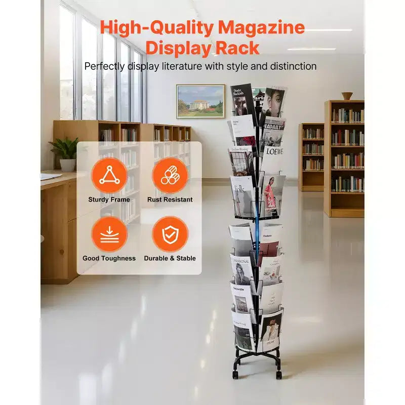 Espositore Girevole a 32 Tasche per Cartoline e Brochure con Porta Insegna e 4 Ruote, Nero