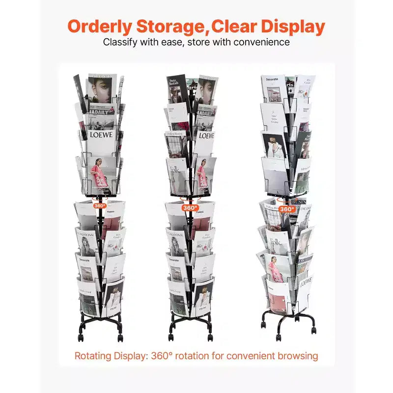 Espositore Girevole a 32 Tasche per Cartoline e Brochure con Porta Insegna e 4 Ruote, Nero