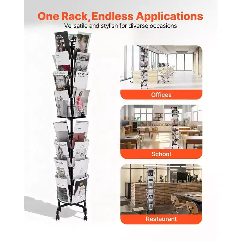 Espositore Girevole a 32 Tasche per Cartoline e Brochure con Porta Insegna e 4 Ruote, Nero