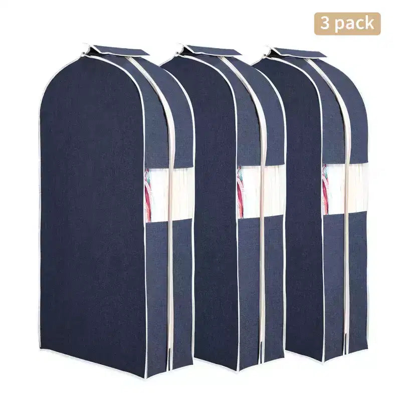 3-Pack 47 Inch Cotton Linen Suit Dust Bags, Breathable Fabric with Clear Window 10 Gusset, Coat Dress Hanging Storage Covers
