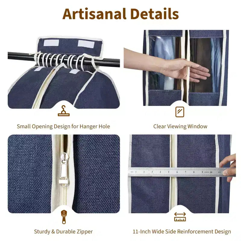 Confezione da 3 custodie protettive per abiti in lino di cotone da 120 cm, in tessuto traspirante con finestra trasparente e soffietto da 25 cm, per cappotti e vestiti appesi