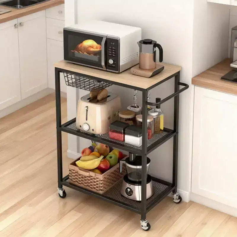 Carrello da Cucina, Supporto per Microonde con Ruote Bloccabili, Tavolo Organizzatore Multifunzionale a 3 Livelli con Contenitore per Ufficio, Bar, Colore Nero