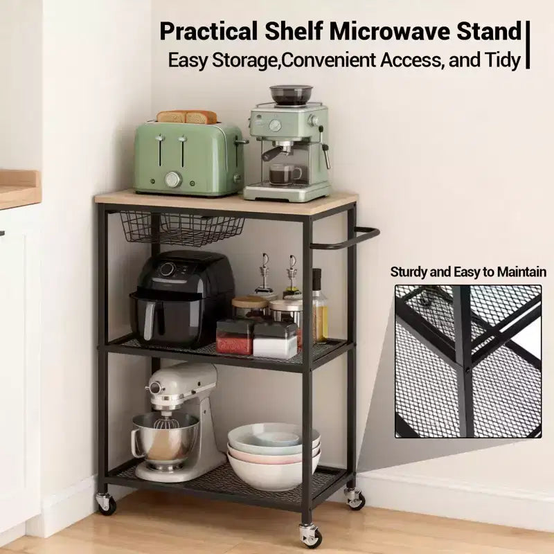 Carrello da Cucina, Supporto per Microonde con Ruote Bloccabili, Tavolo Organizzatore Multifunzionale a 3 Livelli con Contenitore per Ufficio, Bar, Colore Nero