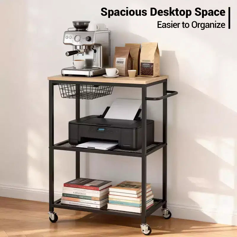Carrello da Cucina, Supporto per Microonde con Ruote Bloccabili, Tavolo Organizzatore Multifunzionale a 3 Livelli con Contenitore per Ufficio, Bar, Colore Nero