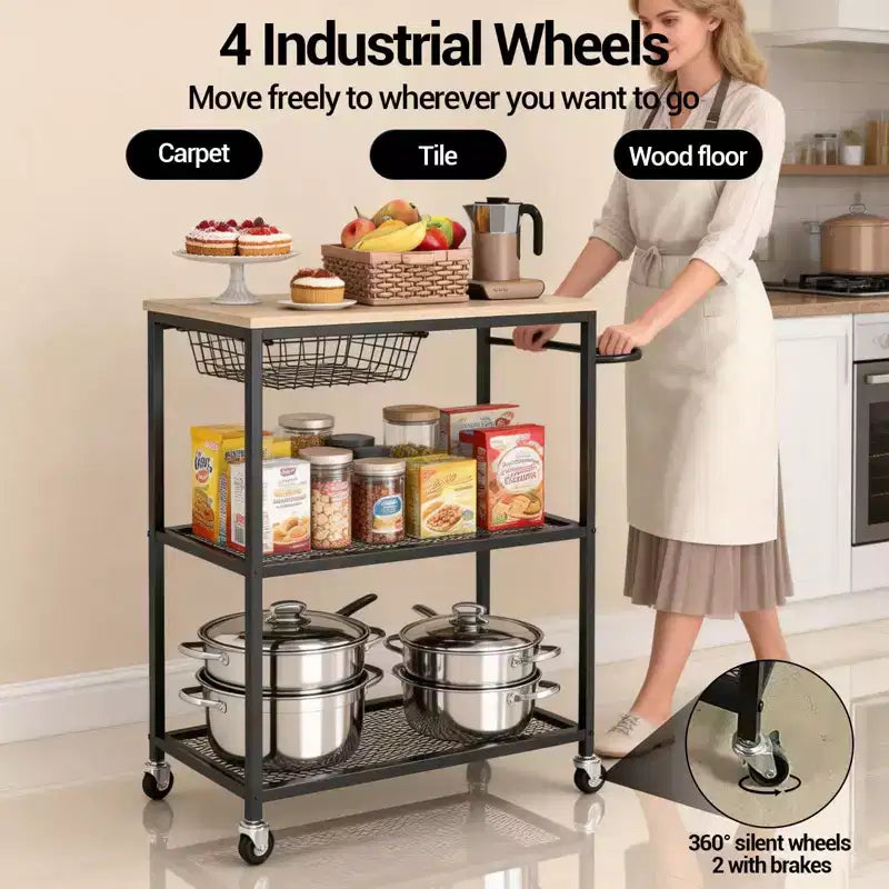 Carrello da Cucina, Supporto per Microonde con Ruote Bloccabili, Tavolo Organizzatore Multifunzionale a 3 Livelli con Contenitore per Ufficio, Bar, Colore Nero