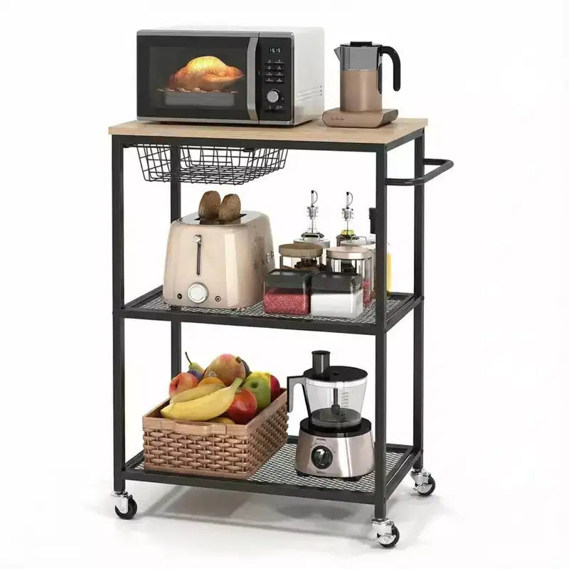Carrello da Cucina, Supporto per Microonde con Ruote Bloccabili, Tavolo Organizzatore Multifunzionale a 3 Livelli con Contenitore per Ufficio, Bar, Colore Nero