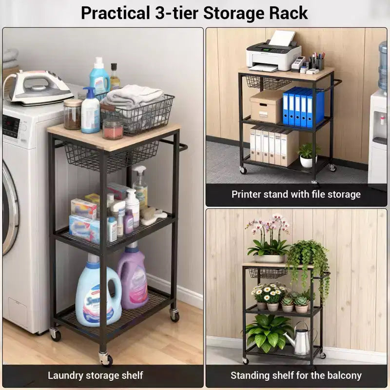 Carrello da Cucina, Supporto per Microonde con Ruote Bloccabili, Tavolo Organizzatore Multifunzionale a 3 Livelli con Contenitore per Ufficio, Bar, Colore Nero