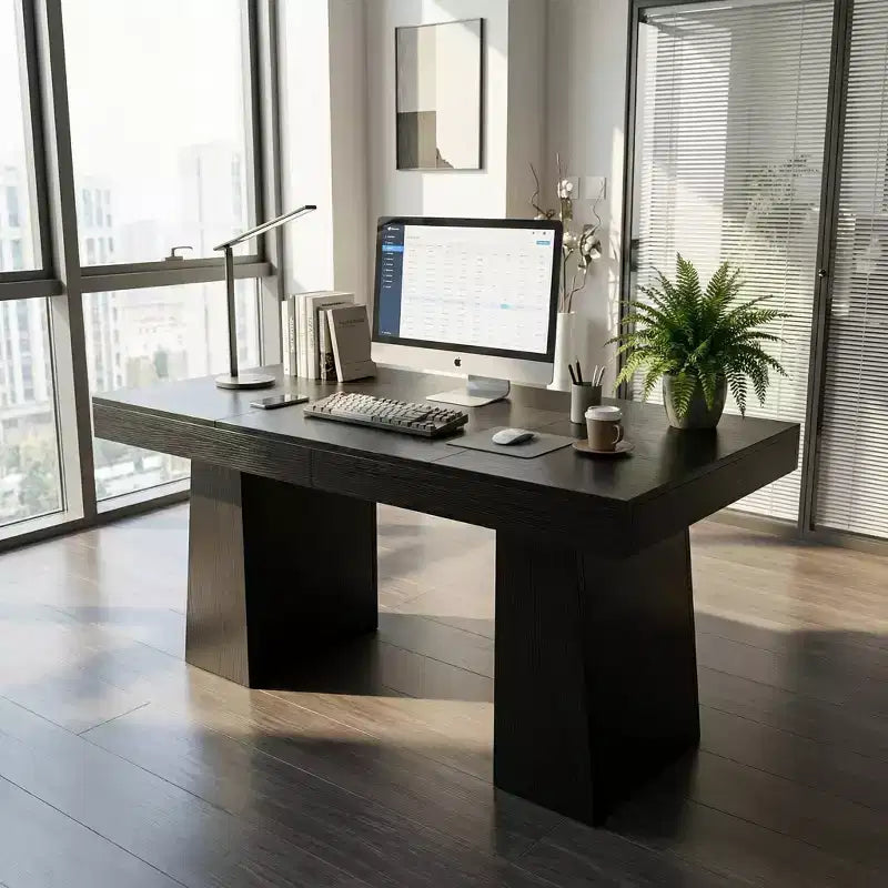 Scrivania direzionale Mid-Century Modern 55, scrivania per computer in legno con doppia base a trapezio, tavolo da scrittura per ufficio domestico