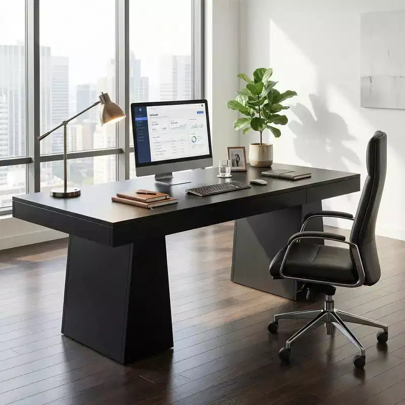 Scrivania direzionale Mid-Century Modern 55, scrivania per computer in legno con doppia base a trapezio, tavolo da scrittura per ufficio domestico
