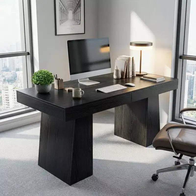 Scrivania direzionale Mid-Century Modern 55, scrivania per computer in legno con doppia base a trapezio, tavolo da scrittura per ufficio domestico
