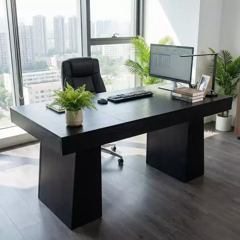 Scrivania direzionale Mid-Century Modern 55, scrivania per computer in legno con doppia base a trapezio, tavolo da scrittura per ufficio domestico