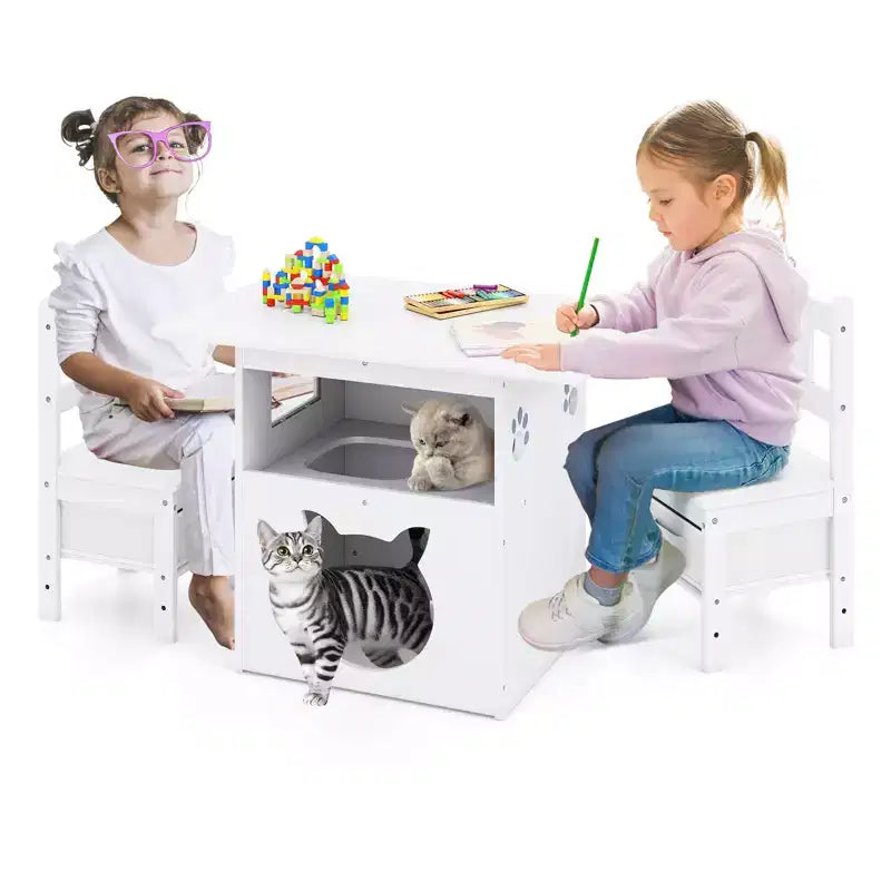 Set 3 Pezzi Tavolo e Sedie per Bambini con Foro e Finestra a Casetta per Gatti, Divertente Arredamento per Bambini