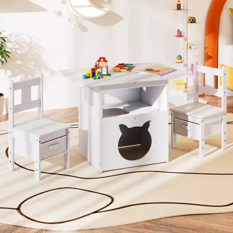 Set 3 Pezzi Tavolo e Sedie per Bambini con Foro e Finestra a Casetta per Gatti, Divertente Arredamento per Bambini