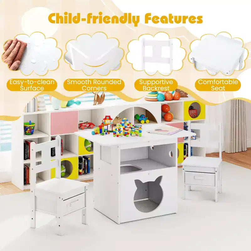 Set 3 Pezzi Tavolo e Sedie per Bambini con Foro e Finestra a Casetta per Gatti, Divertente Arredamento per Bambini