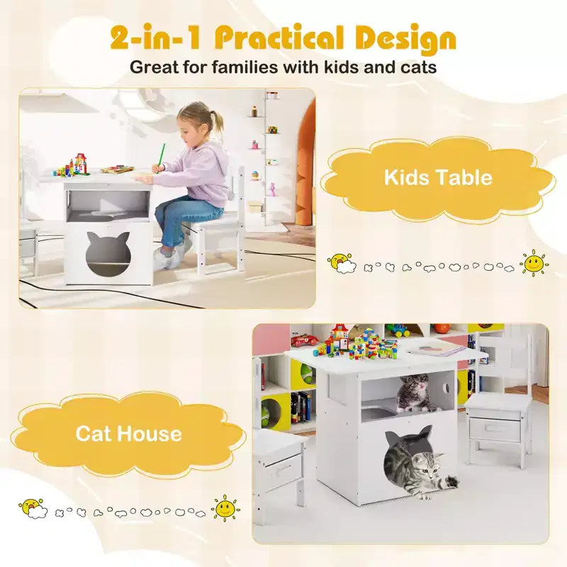 Set 3 Pezzi Tavolo e Sedie per Bambini con Foro e Finestra a Casetta per Gatti, Divertente Arredamento per Bambini