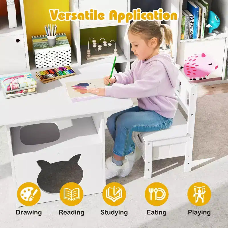 Set 3 Pezzi Tavolo e Sedie per Bambini con Foro e Finestra a Casetta per Gatti, Divertente Arredamento per Bambini