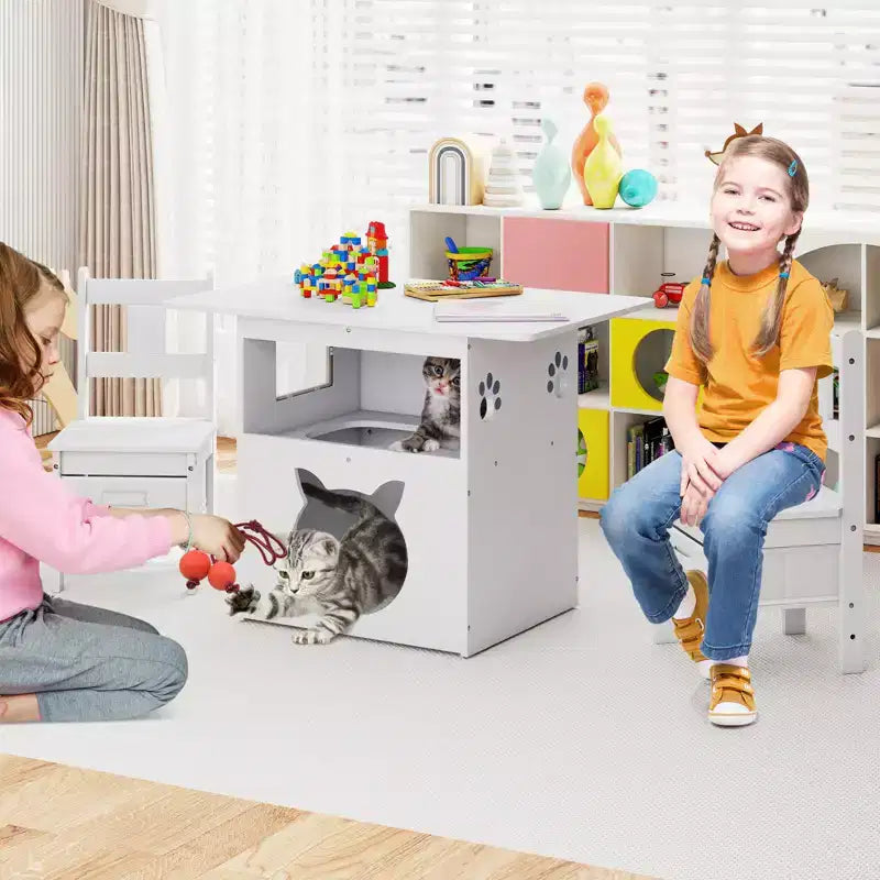 Set 3 Pezzi Tavolo e Sedie per Bambini con Foro e Finestra a Casetta per Gatti, Divertente Arredamento per Bambini