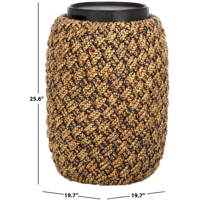 Tavolino Tamburo in Giacinto d'Acqua Intrecciato con Vano Nascosto, Naturale/Marrone Scuro, H 65 cm