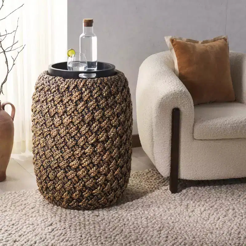 Tavolino Tamburo in Giacinto d'Acqua Intrecciato con Vano Nascosto, Naturale/Marrone Scuro, H 65 cm