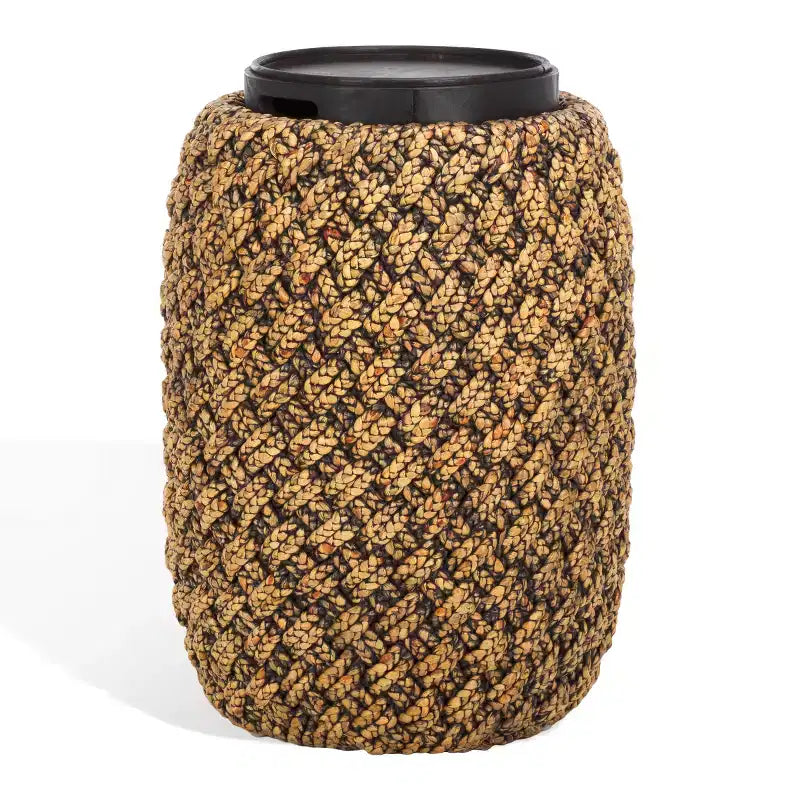 Tavolino Tamburo in Giacinto d'Acqua Intrecciato con Vano Nascosto, Naturale/Marrone Scuro, H 65 cm