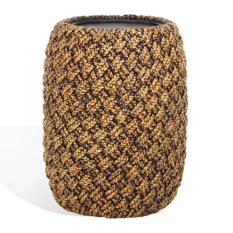 Tavolino Tamburo in Giacinto d'Acqua Intrecciato con Vano Nascosto, Naturale/Marrone Scuro, H 65 cm