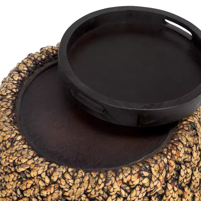 Tavolino Tamburo in Giacinto d'Acqua Intrecciato con Vano Nascosto, Naturale/Marrone Scuro, H 65 cm