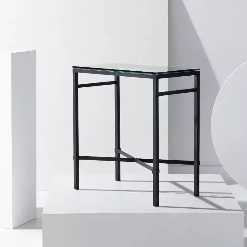 Tavolino laterale in ferro nero e vetro temperato, tavolino d'appoggio moderno, 62,2 cm H x 56,1 cm L