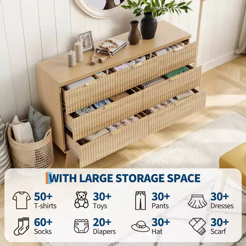 Cassettiera Mid Century Moderna a 7 cassetti per camera da letto - Cassettone largo 120 cm in rovere con maniglie dorate - Mobile contenitore in legno scanalato - Multiuso per armadio