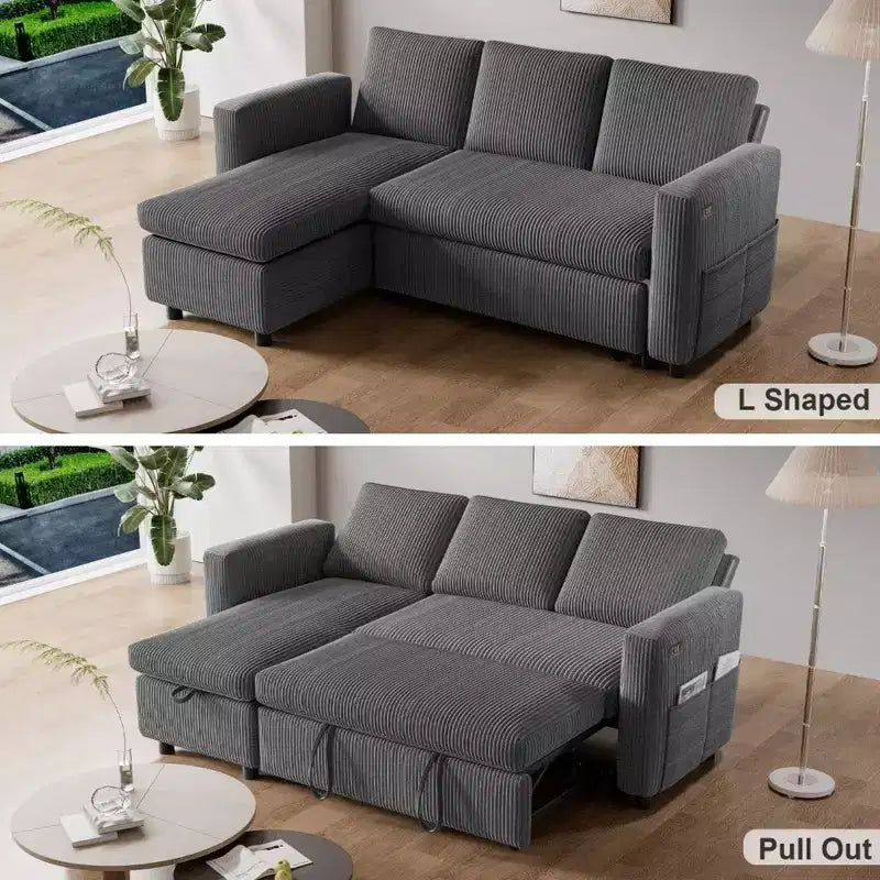 Divano letto a scomparsa 2-in-1 con chaise longue contenitore, velluto a coste, porte USB, per soggiorno