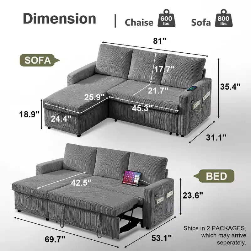 Divano letto a scomparsa 2-in-1 con chaise longue contenitore, velluto a coste, porte USB, per soggiorno